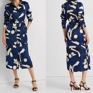 Lauren Ralph Lauren Womens 10 Button Shirt Dress Blue White Satin Tie Belt LS